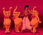 2016 5_fingers absurd_res aladdin_(disney) anthro bare_chest barefoot belly_dancer belly_dancer_outfit bindi blutaiger brown_body brown_skin clothed clothing crossover dark_body dark_skin digital_drawing_(artwork) digital_media_(artwork) disney disney's_aladdin dumbo_(movie) ear_piercing ear_ring elephant elephantid eyebrows feet female fingers group hi_res human male mammal midriff mypaint_(artwork) navel orange_body orange_skin piercing pink_elephant_(dumbo) pink_elephants_on_parade proboscidean proboscis_(anatomy) raised_eyebrow ring_piercing shadow signature trunk_(anatomy)