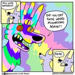 1:1 3_ears 3_eyes ac_stuart ambiguous_gender asking asking_another awoo_(ac_stuart) canid canine canis comic dialogue duo english_text fangs feral grin kevin_(ac_stuart) male_(lore) mammal multi_eye noob_the_loser open_mouth pink_wolf_(ac_stuart) psychedelic question smile speech_bubble talking_to_another teeth text url wolf yes-no_question