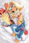 2024 activision anthro bandicoot blonde_hair bra breasts brother_(lore) brother_and_sister_(lore) cleavage clothed clothing coco_bandicoot crash_bandicoot crash_bandicoot_(series) dakimakura eyewear eyewear_on_head female fufunoko goggles goggles_on_head green_eyes hair implied_incest male mammal marsupial overalls panties raised_clothing raised_shirt raised_topwear shirt sibling_(lore) simple_background sister_(lore) smile thigh_gap topwear under_boob underwear