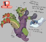 2019 2_tails 3_fingers ageplay anthro bdsm biped blue_claws blush bodily_fluids bondage_gear bondage_gloves booties claws clothed clothing crackajackin crocodile crocodilian crocodylid crying dandy_(legendz) dialogue diaper diaper_under_clothing digital_media_(artwork) dragon duo embarrassed english_text feces fingers footwear green_body green_skin grey_background handwear hi_res humiliation infantilism legendz lock markings mittens multi_tail mythological_creature mythological_scalie mythology onesie padlock patreon patreon_logo punishment purple_booties purple_clothing purple_footwear purple_onesie raised_tail red_body reptile roleplay scalie sharp_teeth shiron simple_background size_difference soiled soiled_diaper soiling solo_focus striped_markings striped_tail stripes tail tail_markings tears teeth text unclean_diaper used_diaper wearing_diaper