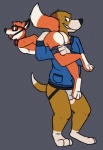 anthro ball_gag bow_(feature) bow_tie butt canid canine canis carrying_another clothed clothing copper_(tfath) digital_media_(artwork) disney domestic_dog duo eyewear flat_colors fox gag gagged glasses hunting_dog jock jockstrap male male/male mammal nerd partially_clothed red_ball_gag red_fox rotten_robbie scent_hound shoulder_carry simple_background standing the_fox_and_the_hound tod_(tfath) topless true_fox underwear underwear_down