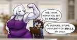 age_difference anthro big_breasts boss_monster_(undertale) bottomwear breasts brown_hair clothed clothing dialogue dragon-chan eyes_closed female flexing frisk_(undertale) hair human larger_female mammal mature_female older_female pants shirt size_difference smaller_human text topwear toriel undertale undertale_(series) white_body