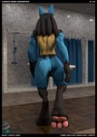 3d_(artwork) anthro backsack balls comic digital_media_(artwork) english_text evil-sprite feet generation_4_pokemon genitals hi_res lucario male muscular muscular_male nintendo pawpads paws pokemon pokemon_(species) soles text toes url walking_away