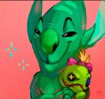 2015 accessory alien animate_inanimate black_eyes bow_(feature) bow_accessory bow_ribbon bust_portrait button_(fastener) centered_hair_bow digital_media_(artwork) disney experiment_(lilo_and_stitch) facial_markings forehead_markings ghost green_body green_nose hair_accessory hair_bow hair_ribbon head_markings lilo_and_stitch markings narico phantasmo pink_background portrait rag_doll_(toy) ribbons scrump simple_background smile smirk solo spirit watermark