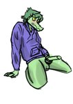 anthro baryonyx bite biting_lip blush bodily_fluids bottomless cavemanon_studios clothed clothing crossgender dinosaur ftm_crossgender genital_fluids genitals hi_res i_wani_hug_that_gator male masturbation olivia_halford penile penile_masturbation penis precum prehistoric_species reptile scalie silvialikescherries solo spinosaurid theropod