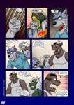 5_fingers absurd_res angry anthro apron arm_grab asking_to_stop black_hair blaug_(vju79) blood blood_on_mouth blood_splatter blue_clothing blue_eyes blue_shirt blue_topwear bob_(vju79) bodily_fluids brown_body brown_scales canid canine canis chef_hat clothing comic dialogue dragon english_text fight fingers fist fur gervic_(vju79) green_eyes grey_body grey_fur grimace group growling hair hat headgear headwear hi_res horn intervention male mammal musclegut muscular mythological_creature mythological_scalie mythology profanity punch scales scalie serious shirt simple_eyes sound_effects tank_top tears text topwear tusks uppercut violence vju79 white_hair wingless_dragon wolf yelling yellow_sclera