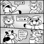 1:1 azhire badger canid canine canis clothing comic dialogue digital_drawing_(artwork) digital_media_(artwork) don_badge english_text eyewear fox foxune glasses group hat headgear headwear heart_symbol male mammal monochrome mustelid musteline nishi_oxnard question_mark stan_(nishi) text wolf