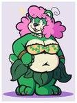 anthro bear belly big_belly big_breasts blush blush_lines border bra bracelet breasts clothed clothing clover_bearclaw emanata female fur grass_skirt green_body green_fur hair hi_res jewelry mammal necklace obese obese_anthro obese_female open_mouth overweight overweight_anthro overweight_female pink_hair porbol simple_background skull_necklace smile solo tail underwear white_border