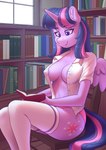 absurd_res anthro anthrofied book casual_exposure clothed clothing dandy_(artist) equid equine female footwear friendship_is_magic hair hasbro hi_res horn legwear library mammal my_little_pony mythological_creature mythological_equine mythology open_clothing open_shirt open_topwear pink_body purple_eyes purple_hair shirt socks solo thigh_highs thigh_socks topwear twilight_sparkle_(mlp) winged_unicorn wings