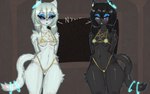 anthro asian_mythology bakeneko bikini black_body black_fur breasts cait_sith_(species) clothing digital_media_(artwork) duo east_asian_mythology felid feline female female/female fur glowstick golden_bikini hair heterochromia hi_res hypnosis japanese_mythology looking_at_viewer luci luci_(bakenecro) luci_ferin mammal mind_control mythology open_mouth simple_background small_chest solo sprrigs- swimwear tail text two-piece_swimsuit yokai