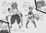 anthro asinus breasts bulge canid canine comic dialogue donkey duo english_text equid equine female fox ftg_transformation fti_transformation gaming gender_transformation greyscale growth hi_res knife mammal melee_weapon monochrome multi_breast muscle_growth playing_video_game sword tenting text toby_art transformation transformation_through_technology weapon