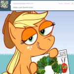 1:1 antennae_(anatomy) applejack_(mlp) arthropod ask_jappleack blonde_hair book caterpillar clothing cowboy_hat earth_pony english_text equid equine eric_carle female feral freckles friendship_is_magic green_eyes hair hasbro hat headgear headwear horse hotdiggedydemon insect larva mammal my_little_pony pony ponytail solo text the_very_hungry_caterpillar tumblr