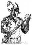 1980 anthro armor beard belt black_and_white black_eyes bovid broo caprine facial_hair fur furgonomics furry-specific_piercing glorantha goat hi_res horn horn_piercing jennell_jaquays leather leather_armor male mammal monochrome official_art piercing simple_background solo staff white_background