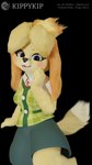 3d_(artwork) 9:16 alpha_channel animal_crossing anthro blender_(artwork) blender_cycles blonde_eyebrows blonde_hair blue_eyes bottomwear canid canine canis clothed clothing digital_media_(artwork) domestic_dog english_text eyebrows eyelashes female fluffy fluffy_tail fur furgonomics green_bottomwear green_clothing green_skirt green_uniform hair happy hi_res isabelle_(animal_crossing) isabelle_(highwizard) kippykip looking_at_viewer mammal monotone_bottomwear monotone_clothing monotone_skirt nintendo one_leg_up open_mouth open_smile ponytail raised_leg simple_background skirt smile smiling_at_viewer solo tail tail_through_skirt text transparent_background yellow_body yellow_fur