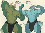 2024 abs anthro big_muscles blue_body bulge clothed clothing detailed_bulge dragon duo electronics english_text gareth_(oldshep) genital_outline genitals gesture green_body hand_behind_head hand_gesture hi_res horn huge_muscles hyper hyper_muscles male muscular muscular_anthro muscular_male mythological_creature mythological_scalie mythology nipple_piercing nipples oldshep pecs penis phone piercing pointing pointing_at_self scalie simple_background tail teeth text thick_tail underwear wayne_(oldshep)