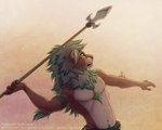 2024 5:4 action_pose anthro brown_body brown_fur clothed clothing felid fur green_eyes green_hair hair lion male mammal melee_weapon navel pantherine polearm pose roarschach51 shinigamigirl solo spear topless weapon whiskers