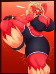 2023 abs anthro big_breasts blaziken blonde_hair breasts cleavage cleavage_overflow clothed clothing collar female fingers generation_3_pokemon hair hi_res huge_breasts muscular muscular_female nightlyflare nintendo nipple_outline open_mouth pokeball pokeball_collar pokemon pokemon_(species) solo thick_thighs tongue yellow_eyes zipper