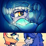 1:1 absurd_res anthro blue_eyes bodily_fluids boyonomo_(character) clothed clothing comic dialogue digital_media_(artwork) english_text extreme_size_difference felid feline femboy fingers hi_res holding_uvula humanoid imminent_vore internal looking_into_mouth male mammal mouth_shot nagi_(nagifur) nagifur nollixxx open_mouth saliva saliva_string simple_background sitting size_difference text throat tongue tongue_out uvula vore