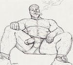 abs balls beard biceps body_hair briefs bulge butt chest_hair cigar clothing facial_hair footwear genitals hairy hat headgear headwear human humanoid looking_at_viewer male mammal muscular muscular_male nipples papyreit pecs penis reclining shoes shoulder_hair sitting smoking socks solo story story_in_description transformation underwear