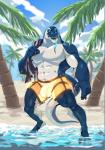 abs anthro beach biceps bioluminescence blue_body blue_eyes blue_skin bulge claws clothing detailed_bulge genital_outline glowing glowing_clothing hi_res komodo_dragon lizard long_tail male monitor_lizard muscular muscular_anthro muscular_male open_mouth palm_tree partially_submerged pecs penis_outline plant reptile scalie seaside smile solo standing swimming_trunks swimwear tail taoren teeth thick_thighs tongue tongue_out towel translucent translucent_clothing tree tropical vincent_(fishbook5) white_body white_skin