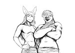 2023 anthro asinus avian bird black_and_white bottomwear clothed clothing comic crossed_arms donk_(hladilnik) donkey duo equid equine frankie_(hladilnik) greyscale hi_res hladilnik male mammal monochrome shaded shirtless shirtless_male simple_background sketch topless topless_male white_background