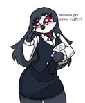 anthro avian bird blush demon english_text eyewear female glasses helluva_boss octavia_(helluva_boss) office_lady owl pace-maker small_waist solo text thick_thighs wide_hips