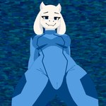 anthro anxietyfilledfluf blue_bodysuit blue_clothing blue_eyes blue_skinsuit blush blush_lines bodysuit bovid camel_toe caprine clothing deltarune female floppy_ears goat horn looking_at_viewer mammal metroid nintendo nipple_outline skinsuit smile solo tight_clothing toriel undertale_(series) zero_suit