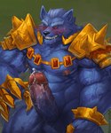 abs anthro armor aroused balls biceps blush bodily_fluids canid canine canis cum erection fur genital_fluids genitals hi_res humanoid_genitalia humanoid_penis league_of_legends leaking leaking_cum leaking_precum looking_at_viewer male mammal midriff muscular muscular_anthro muscular_male nipples nude pecs penis precum red_eyes riot_games serratus simple_background solo sweat teeth tencent text triceps unconvincing_armor vein veiny_muscles veiny_penis warwick_(lol) wolf wulfer-shepherd