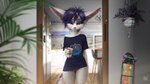 16:9 adra_(tiddles) anthro appliance big_ears black_clothing black_shirt black_t-shirt black_topwear bottomless bottomless_female cabinet canid canine chair chandelier clothed clothing coffee_mug daft_punk depth_of_field doorframe doorway drowsy ebony_hair exposed_shoulder female fennec_fox flowerpot fox fridge fur furniture genitals hair half-closed_eyes hanging_plant hi_res houseplant kitchen kitchen_appliance kitchen_sink leaf looking_at_viewer mammal meh moire narrowed_eyes oini pink_nose pink_pussy pink_wheels pupils purple_eyelids purple_eyes purple_hair purple_leaves purple_tail pussy shirt skateboard slit_pupils smiley_face solo spilled_drink standing star_sticker t-shirt tail teasing tongue tongue_out topwear true_fox vehicle white_body white_fur widescreen