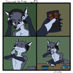 1:1 anthro bodily_fluids bowl canid canine comic container doom_(series) doom_slayer eating electronics food fox headphones hi_res humor id_software listening_to_music male mammal microsoft plant solo spinach starrffax tears vegetable