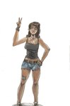 absurd_res before bottomwear breasts brown_hair clothing female gesture hair hand_gesture happy hi_res hotpants human imminent_transformation mamabliss mammal midriff shirt shorts smile solo standing sudden tank_top tattoo topwear transformation v_sign