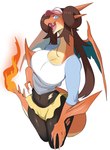 2024 alternate_species anthro blue_eyes breasts brown_hair claws cleavage clothed clothing fangs female finger_claws fingers fire flaming_tail generation_6_pokemon hair hi_res lightsource long_hair mega_charizard mega_charizard_y mega_evolution nintendo open_mouth pokemon pokemon_(species) rosa_(pokemon) rosazard simple_background solo tail teeth torn_clothing white_background wings