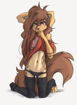 2023 absurd_res anthro apogee_(tinygaypirate) breasts bridge_piercing canid canine canis claws clothed clothing clothing_lift digital_media_(artwork) domestic_dog ear_piercing ear_ring facial_piercing feet female female_anthro floppy_ears fur hair hi_res kemono kneeling legwear long_hair looking_at_viewer mammal midriff navel nose_piercing off_shoulder panties paws piercing ring_piercing shirt shirt_lift small_breasts solo spitz surface_piercing t-shirt tail tattoo thigh_highs tinygaypirate toe_claws toes topwear underwear