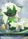 2022 absurd_res anthro bath bathing bathtub blush bubble claws dated detailed_background dripping english_text female female_anthro floragato fur generation_1_pokemon generation_3_pokemon generation_9_pokemon green_body green_fur half-closed_eyes hi_res inside lotad multicolored_body multicolored_fur narrowed_eyes nintendo partially_submerged pokemon pokemon_(species) psyduck pupils red_eyes rubber_duck shadow sitting slit_pupils solo steam text three-quarter_view two_tone_body two_tone_fur water wet wet_body wet_fur yuio