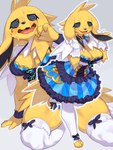 absurd_res alternative_fashion anthro black_sclera blush bodily_fluids bottomwear bow_ribbon breasts clothed clothing dress ears_down eeveelution female female_anthro floppy_ears fur generation_1_pokemon gloves handwear hi_res hime_lolita j-fashion jolteon kame_3 kemono legwear lolita_(fashion) mammal multicolored_body multicolored_fur nervous_sweat nintendo open_mouth pivoted_ears pokemon pokemon_(species) ribbons skirt smile solo spiral_eyes sweat sweatdrop tuft two_tone_body two_tone_fur yellow_body yellow_fur