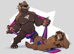 abs anthro armpit_hair barazoku bedroom_eyes biped bisexual_pride_colors bo_(dead_stray_bear) body_hair brown_body brown_eyes brown_fur bulge chest_hair chest_tuft claws clothed clothing convenient_censorship covering dead_stray_bear detailed_bulge duo ear_piercing eyebrows facial_hair facial_tuft fur genital_outline goatee gulonine hair hi_res lgbt_pride lying male male_anthro mammal musclegut muscular muscular_anthro muscular_male mustelid musteline nails narrowed_eyes navel nipples notched_ear on_side orange_eyes pawpads paws pecs penis_outline piercing plantigrade presenting pride_color_flag pride_colors seductive simple_background smile smiling_at_viewer smirk smirking_at_viewer smug smug_face spread_arms spread_legs spreading standing suid suina sus_(pig) teasing teasing_viewer thick_thighs topless topless_anthro topless_male tuft tusks wearing_flag wild_boar wolverine yellow_sclera