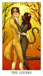 anthro apple black_body black_fur breasts brown_body brown_fur brown_hair card card_template domestic_cat duo eyewear facial_hair featureless_breasts felid feline felis female feralise fire food fortune_telling fruit fur glasses goatee hair kurokitten_(character) major_arcana male male/female mammal nude plant side_boob sun tarot tarot_card the_lovers_(tarot) tree white_body white_fur yellow_eyes