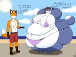 2018 3_toes 4:3 5_fingers abs anthro barefoot batspid2 beach belly big_belly big_breasts big_butt bikini biped black_eyes black_nose blue_body blue_fur bottomwear breasts brown_body brown_fur brown_hair butt canid canine cel_shading chloe_(batspid2) clothed clothing dialogue digital_drawing_(artwork) digital_media_(artwork) duo english_text eyebrows eyelashes feet female fingers flabby_arms fox fox_tail full-length_portrait fur gesture gloves_(marking) hair hand_gesture hands_behind_head huge_belly huge_breasts huge_butt huge_hips huge_thighs hyper hyper_butt hyper_hips hyper_thighs leg_markings looking_at_another male mammal markings max_(batspid2) morbidly_obese morbidly_obese_anthro morbidly_obese_female motion_lines multicolored_body multicolored_fur narrowed_eyebrows narrowed_eyes navel nipple_outline obese obese_anthro obese_female one_eye_closed open_mouth orange_body orange_fur overweight overweight_anthro overweight_female pecs pointing pointing_at_another portrait purple_clothing question red_clothing sea seaside shaded shorts shorts_only sibling_(lore) signature skinny_male sky skyscape slim_anthro slim_male smile socks_(marking) standing sun swimwear text thick_thighs tight_clothing toes topless two-piece_swimsuit water white_body white_fur wide_hips