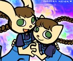 2010 6:5 abstract_background anthro bangs bemani braided_hair braided_pigtails brown_hair clothing domestic_cat duo felid feline felis female green_eyes hair hand_behind_head hand_holding happy konami lagomorph leporid looking_at_viewer low_res mammal mimi_(pop'n_music) nyami_(pop'n_music) open_mouth overalls pigtails pop'n_music psychedelic_background rabbit shirt smile smiling_at_viewer sobegrrl t-shirt text topwear twin_braids