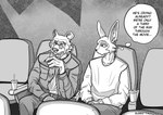 absurd_res anthro bear beastars beverage bodily_fluids clothing crying dialogue duo eyewear fan_character glasses hi_res hybrid lagomorph lee_(greatlizardwizard) legoshi's_chimera_(beastars) leporid male mammal monochrome movie_theater rabbit sunny_frostwolf tears thought_bubble trevor_(greatlizardwizard)