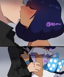 animal_humanoid blue_hair blush cat_humanoid clothed clothing comic crossdressing dark_body dark_skin dress duo eyes_closed felid felid_humanoid feline feline_humanoid femboy french_kissing hair hi_res humanoid kissing lightsource male male/male mammal mammal_humanoid murasaki_(lightsource) text