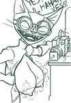 2023 anthro areola big_areola big_breasts big_ears big_goggles big_nipples breast_expansion breasts clothed clothed_anthro clothed_female clothing coat dialogue digital_drawing_(artwork) digital_media_(artwork) domestic_cat empty_eyes english_text evil_laugh expansion exposed_breasts extended_arm eyewear eyewear_on_head felid feline felis female fur fur_tuft gloves goggles goggles_on_head hand_on_clothing hand_on_lever hand_on_object handwear hanging_breasts happy head_tuft hi_res lab_coat latex latex_clothing latex_gloves latex_handwear laugh lever looking_at_viewer mad_scientist magnificatz mammal monochrome nina_(magnificatz) nipples open_clothing open_coat open_lab_coat open_mouth open_smile open_topwear prick_ears ranged_weapon raygun redout science scientific_instrument scientist sharp_teeth shooting smile smiling_at_viewer solo teeth text tongue topwear tuft vocalization weapon white_clothing white_coat white_lab_coat white_topwear