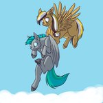 1:1 bandage bandaged_wing cloud duo equid equine feathered_wings feathers female feral fetlocks flying foxenawolf fur golden_words_(goldfur) goldfur's_cogsverse green_eyes green_hair grey_body grey_fur hair hasbro hooves male mammal multicolored_hair my_little_pony mythological_creature mythological_equine mythology pegasus tail two_tone_hair whirring_cogs wings yellow_body yellow_fur