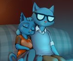 2023 anthro bluedraggy breasts clothed clothing color_edit colored daughter_(lore) domestic_cat duo eyes_closed eyewear father_(lore) father_and_child_(lore) father_and_daughter_(lore) felid feline felis female fully_clothed fur glasses good_parenting head_tuft hi_res mae_borowski male mammal night_in_the_woods notched_ear parent_(lore) parent_and_child_(lore) parent_and_daughter_(lore) s1m shirt sitting sleeping stan_borowski t-shirt third-party_edit topwear tuft watching_tv whiskers