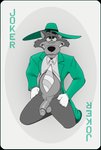 anthro balls belly bottomless canid canine canis card card_template circumcised clothed clothing disney fedora flaccid fur genitals grey_body half-closed_eyes hat headgear headwear hi_res humanoid_genitalia humanoid_penis joker_(playing_card) looking_at_viewer male mammal narrowed_eyes necktie neenya penis playing_card playing_card_template quack_pack restricted_palette simple_background slightly_chubby smile solo topwear wolf zoot_suit