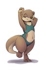 2020 3_toes 5:8 anthro barefoot belly_cutout black_nose brown_body brown_fur claws clothed clothing cutout digital_media_(artwork) digitigrade feet female flat_chested full-length_portrait fur green_eyes hi_res louart mammal midriff mustelid navel one-piece_swimsuit otter portrait raised_arm semi-anthro signature simple_background smile solo swimwear tail thick_thighs toes walking whiskers white_background wide_hips