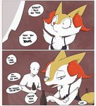 2018 alcohol anthro beverage braixen clothed clothing comic dialogue duo english_text female fur generation_6_pokemon hi_res human male mammal nintendo open_mouth pokemon pokemon_(species) sharp_teeth shoutingisfun speech_bubble teeth text