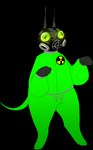 absurd_res alpha_channel ambiguous_gender anthro clothing ezra_(plentyofsoup) gas_mask gloves glowing glowing_eyes green_body green_eyes green_skin handwear hazmat hazmat_suit hazmat_suit_creature hi_res hybrid leather leather_mask long_ears mask nipples plentyofsoup sentient_clothing shaped_pupils smooth_tail solo whiskers