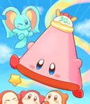 akarisu ambiguous_gender anniversary blue_eyes blush blush_stickers chinchilla chinchillid cone_mouth_kirby elfilin feral fur green_body green_fur group kirby kirby_(series) kirby_and_the_forgotten_land mammal nintendo one_eye_closed pink_body rodent star traffic_cone waddle_dee waddling_head wink