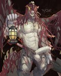 absurd_res anthro balls belt big_penis bodily_fluids bottomwear capcom clothed clothing elder_dragon erection foreskin genital_fluids genitals greninjazz hi_res holding_lantern lamp lantern male membrane_(anatomy) membranous_wings monster monster_hunter multi_eye muscular muscular_anthro muscular_male open_belt pants partially_clothed pecs penis precum scalie shirtless shovel solo spiked_tail spikes spikes_(anatomy) tail tools torn_bottomwear torn_clothing torn_pants vaal_hazak wings yellow_eyes